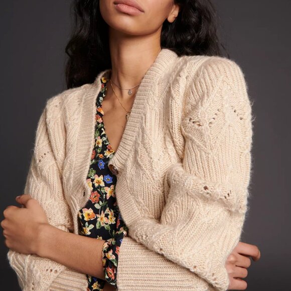 Cozy Knit Button-Front Cropped Cardigan – Cream / Oatmeal - Picture 2 of 7